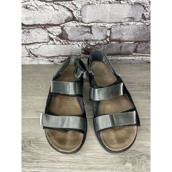 Naot Black Leather Gray Textile Wedge Ankle Strap Sandals Women Sz 38EU/7.5M US - Picture 11 of 16